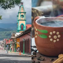 Pueblo cafetalero y taza de café caliente