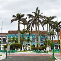 Ciudad histórica con plaza y palmeras
